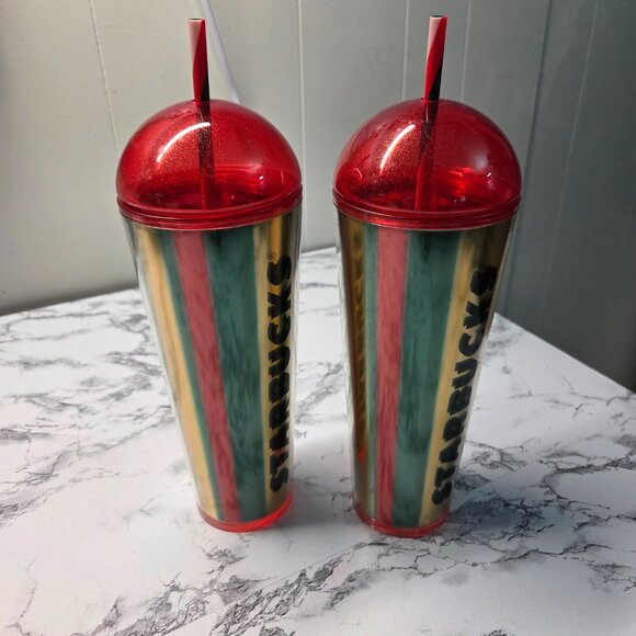Starbucks 24 oz Limited Edition 2024 Metallic Red Gold Dome Tumblers Set of 2 - Picture 5 of 6